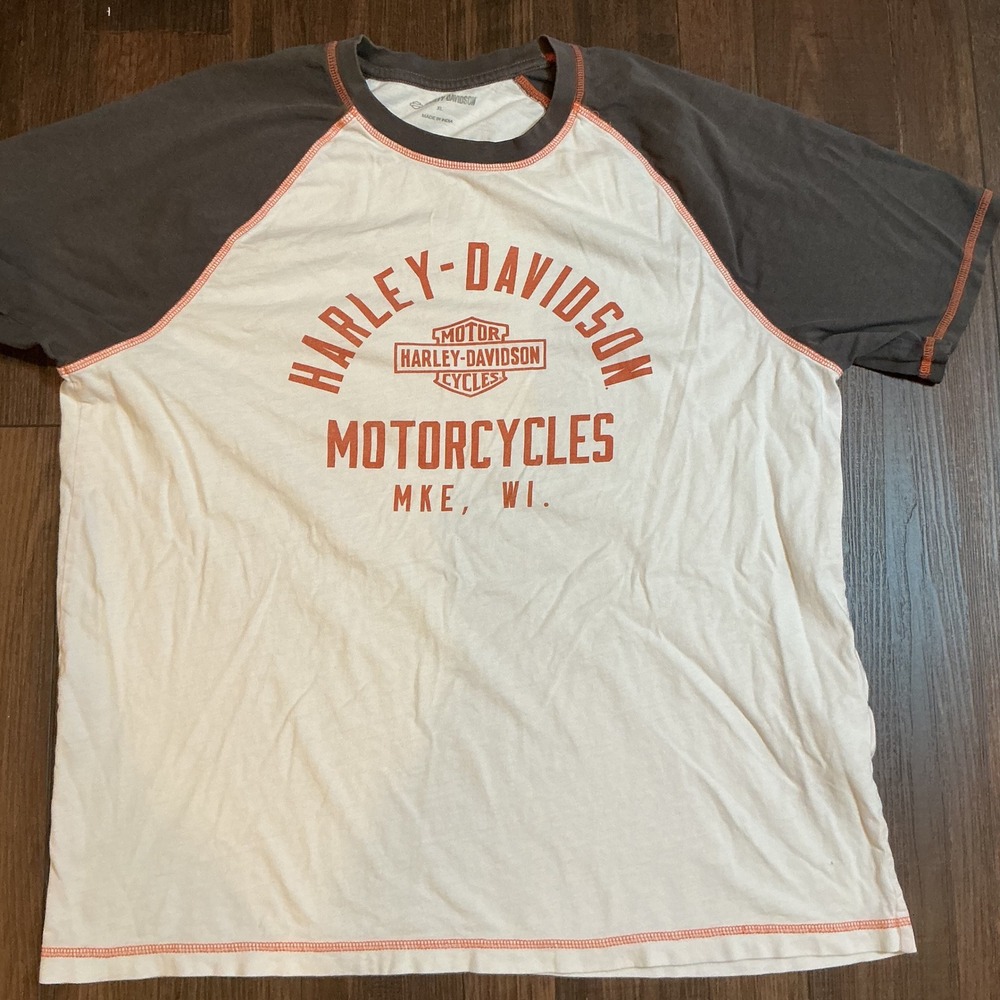 Harley-Davidson MKE WI Raglan Graphic T-Shirt Cream Gray XL Biker Tee